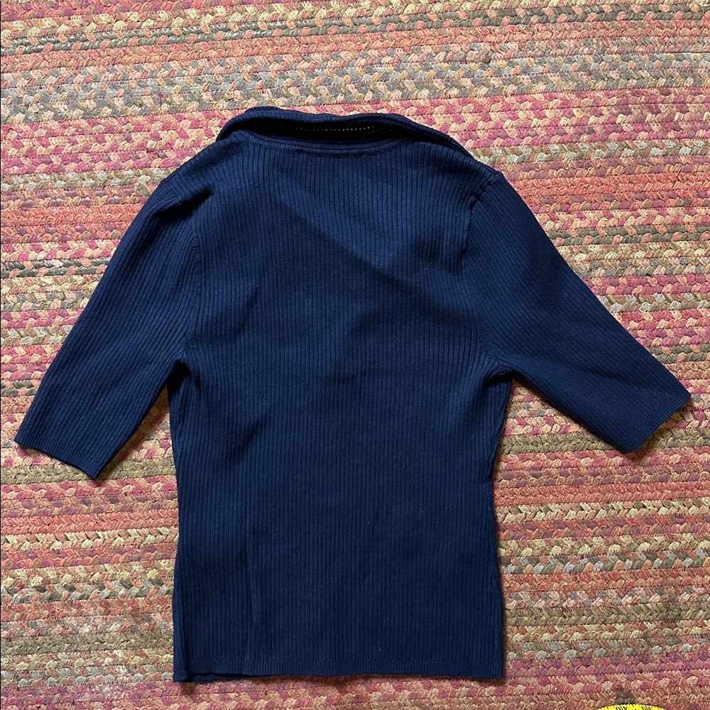 WHBM NAVY KNIT COLLARED HALF SLEEVE BUSINESS PREPPY BLOUSE - Picture 4 of 4